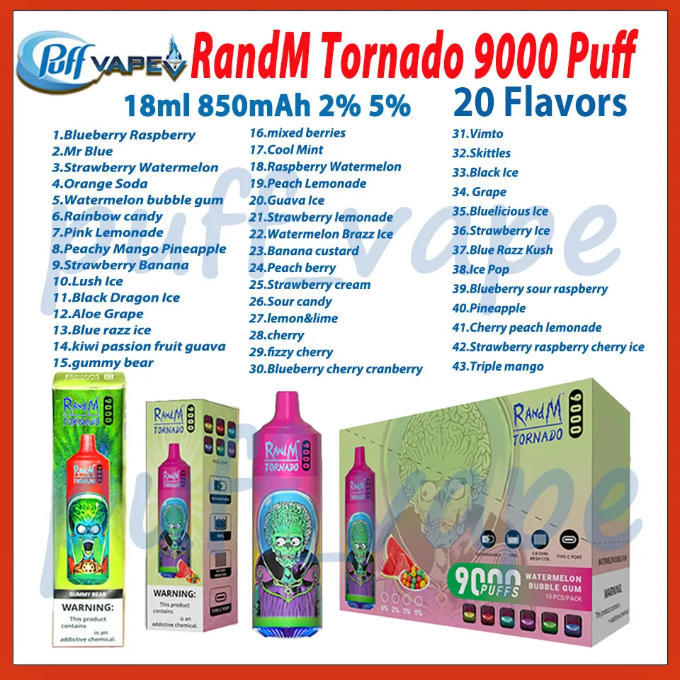 Authentic Randm Tornado 9000 Puff Electronic Cigarette 43 FLAVORS 18ML Mesh Coil 850mAh Battery Puffs Puffs 9k Vape Pen