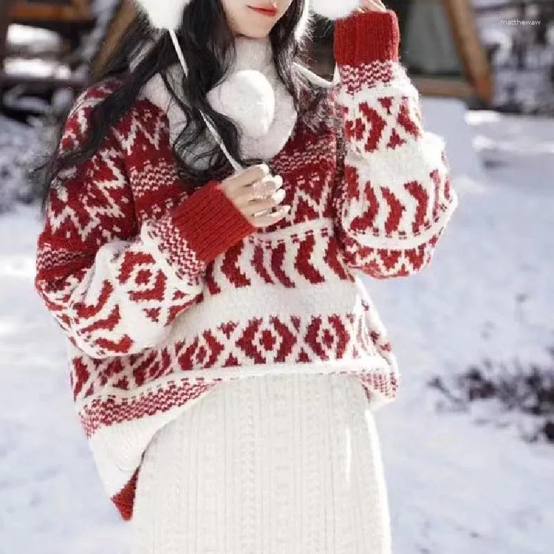 Suéteres de mujeres Femeninas de otoño e invierno Cuello Píldor Sweater Knit Impresión de navidad Suparing Tops de manga larga dulce suelta