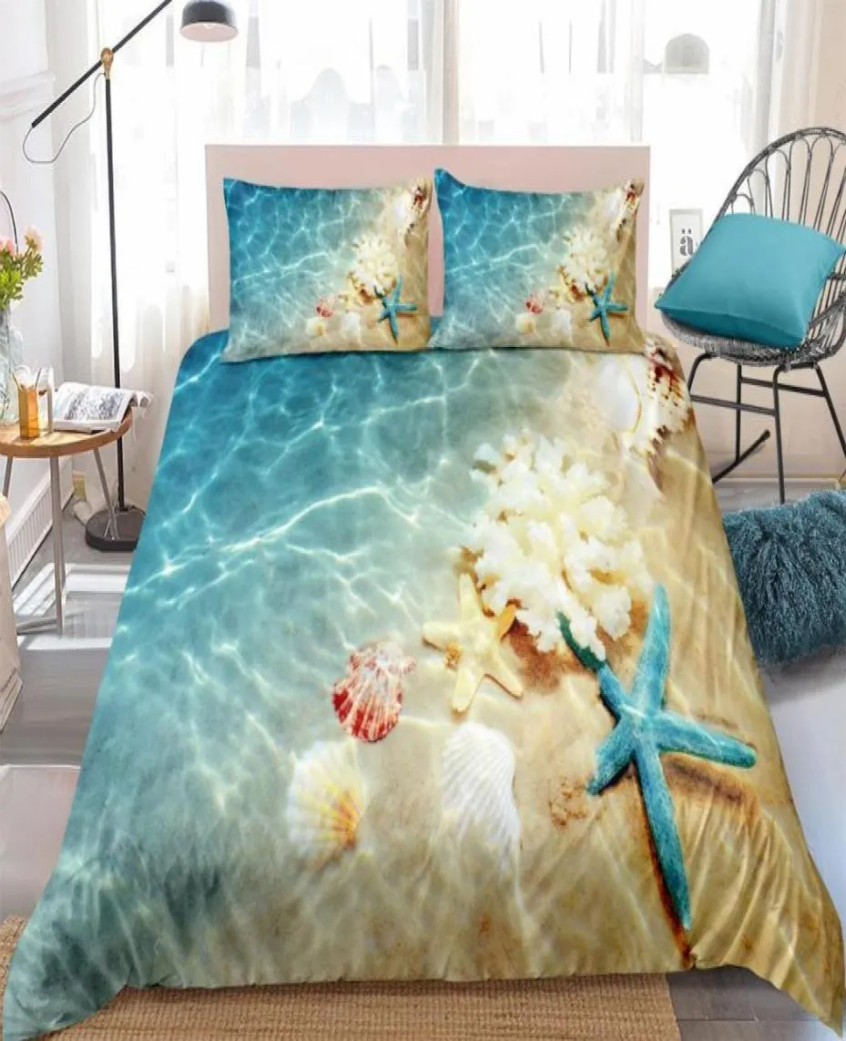 Juego de cama oceánica, juego de funda nórdica de playa costera, juego de cama de estrella de mar azul, textiles para el hogar de concha para niños y adolescentes, colcha de verano, funda de edredón T208933200