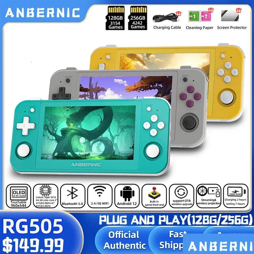 Spelare bärbara spelspelare Anbernic RG505 Handhållen konsol Android 12 System Unisoc Tiger T618 4.95 -tums OLED med Hall Joctick Ota Up