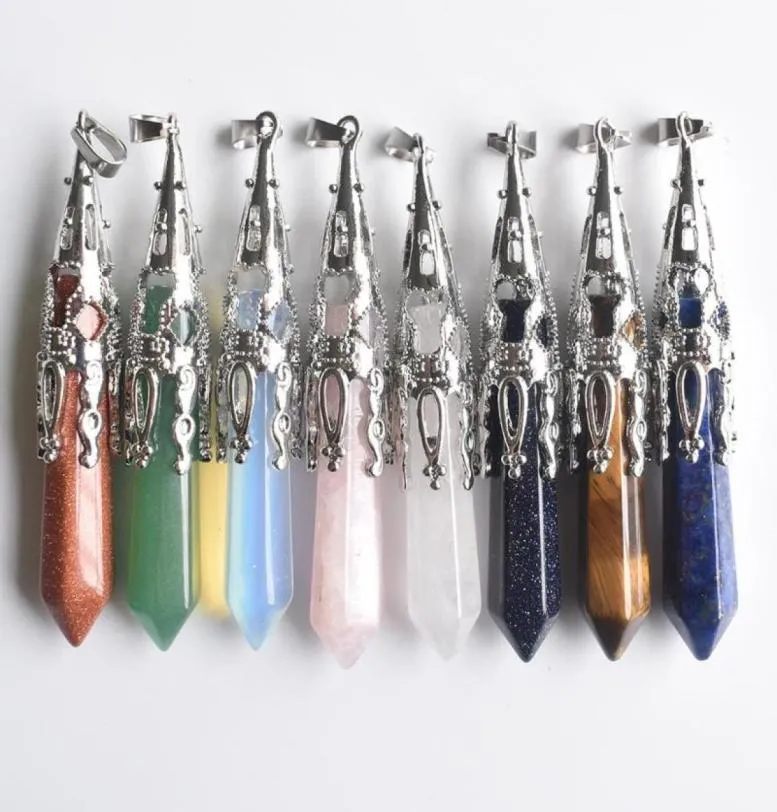 Pendant Necklaces Retro Natural Gem Stone Pendulum For Divination Wicca Birthstone Quartzs Opal Lapis Lazuli Pendants Whole 8p8779437