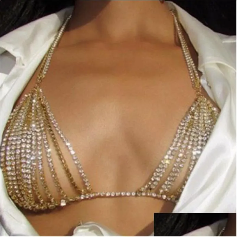 Pendentif Colliers Sexy Soutien-gorge Collier Strass Chaîne Bijoux Creux Cristal Or Bikini Gland Crossover Chaînes Top Poitrine Ventre Dhwsa