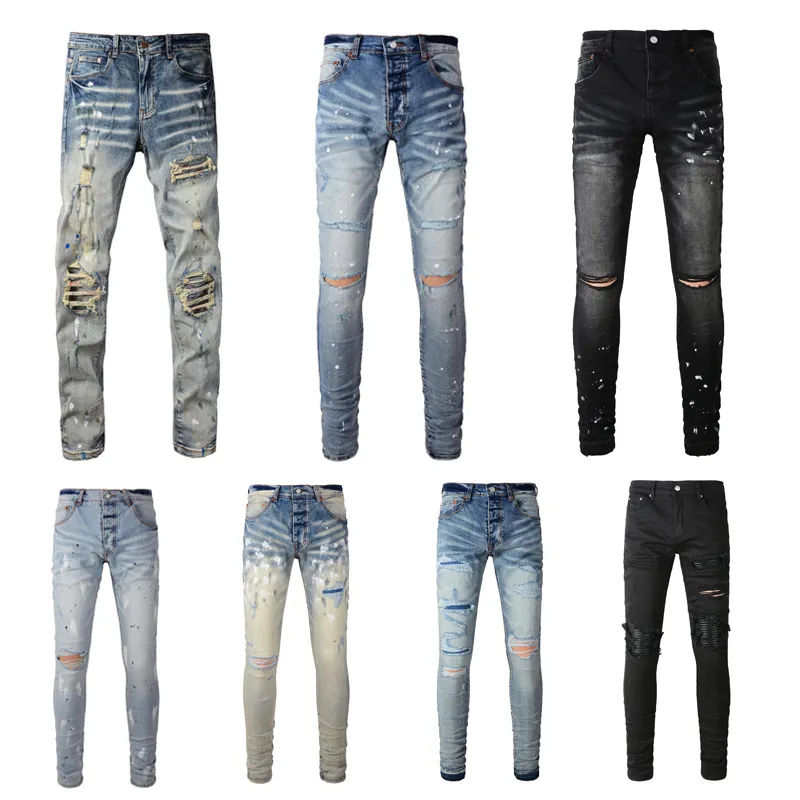 purple jeans mens designer jeans men pants denim tears jeans black trousers High-end Quality embroidery quilting ripped for trend brand vintage pant fold slim skinny