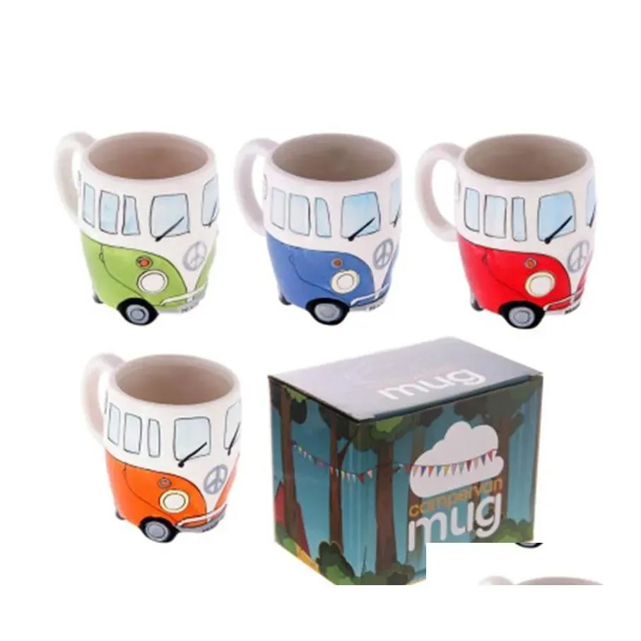 Tasses Tasses En Céramique Tasse De Campeur 300Ml Vin Peinture À La Main Dessin Animé Bus Eau Classique Verres 4 Couleurs Livraison Directe Maison Jardin Cuisine