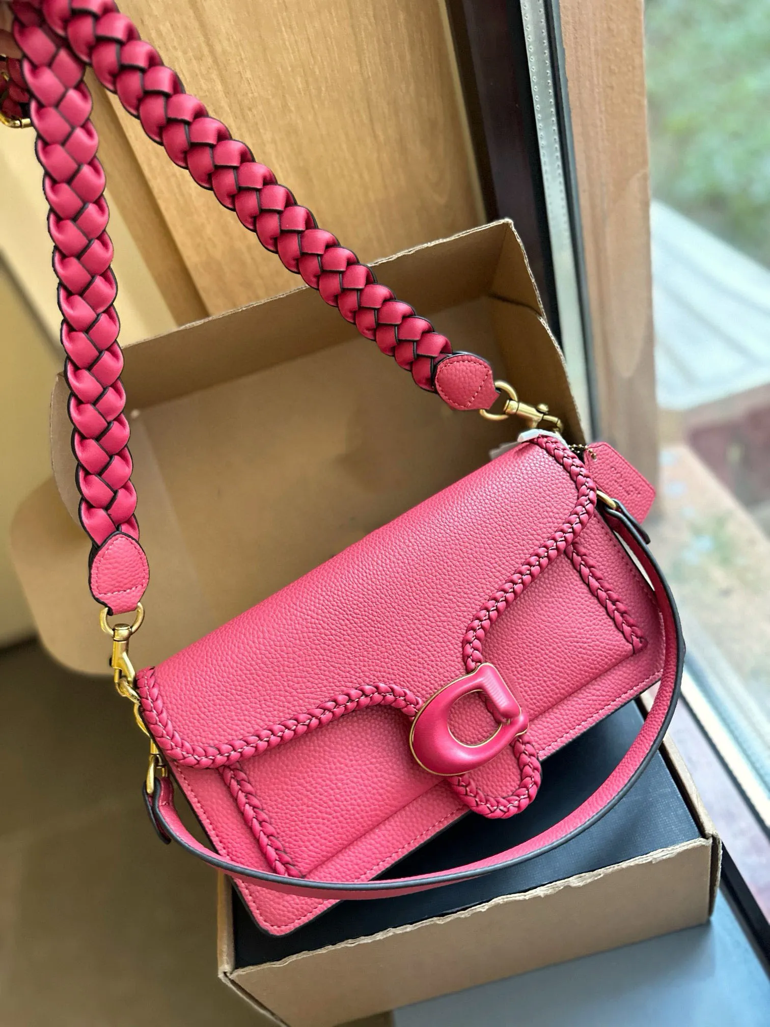 Tabby Crossbody Bag Calf Leather Brown Hand Braided Trim Short