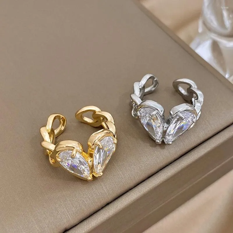 Anillos de racimo DODOHAO Moda lujosa con incrustaciones de circón corazón abierto encanto real chapado en oro ajustable accesorios de boda de dedo