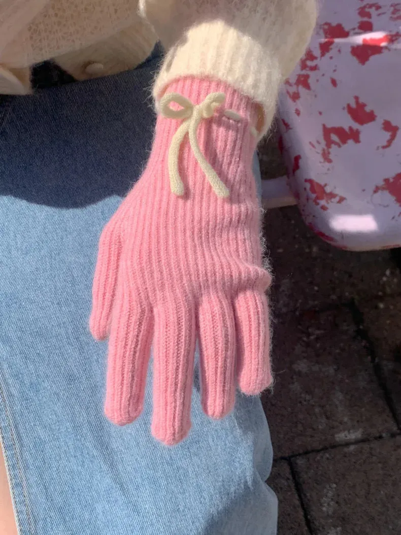 Winter Bogen Gestrickte Handschuhe Für Frauen Männer Verdicken Warme Handschuhe Volle Finger Guantes Weibliche Touchscreen Luvas Unisex 231220