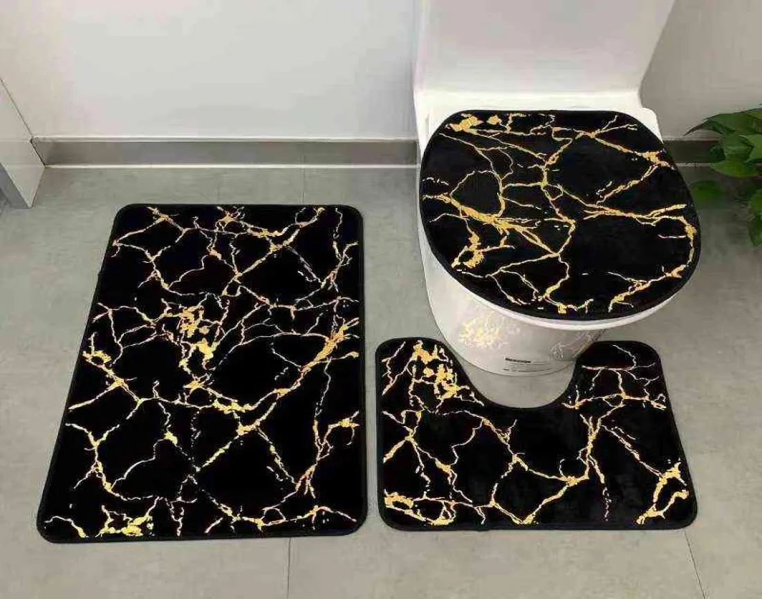 Banyo Paspas Mat Seti Ev Oturma Odası Banyo Tuvalet Yastık seti Altın Baskı Slip Mat Mermer Bronz Halı T220826635549