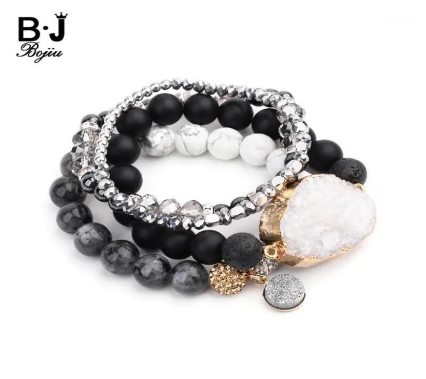 Bedelarmbanden bojiu natuurlijke druzy stone set voor vrouwen zwarte plastic kralen pistool hematiet huilt Ag kristal bcset28412458296