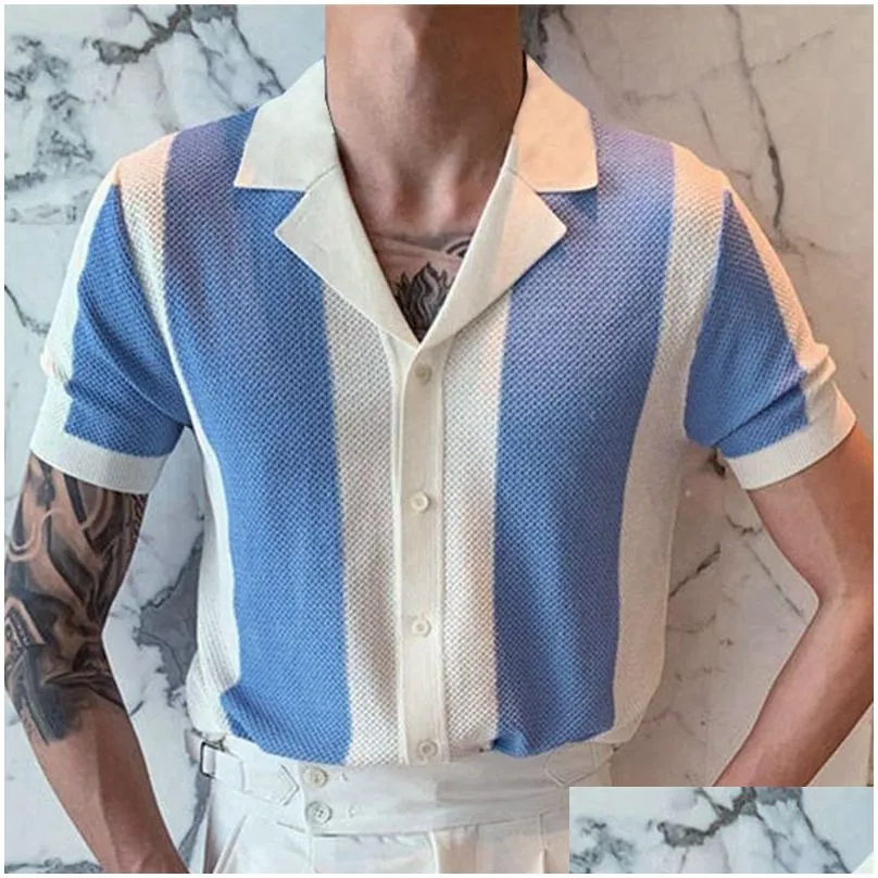 Men'S T-Shirts Mens T-Shirts Summer Men Turn-Down Collar Shirt Work Buttons Ribbing Short Sleeve Breathable Knitted Streetwear For Mal Dhozp