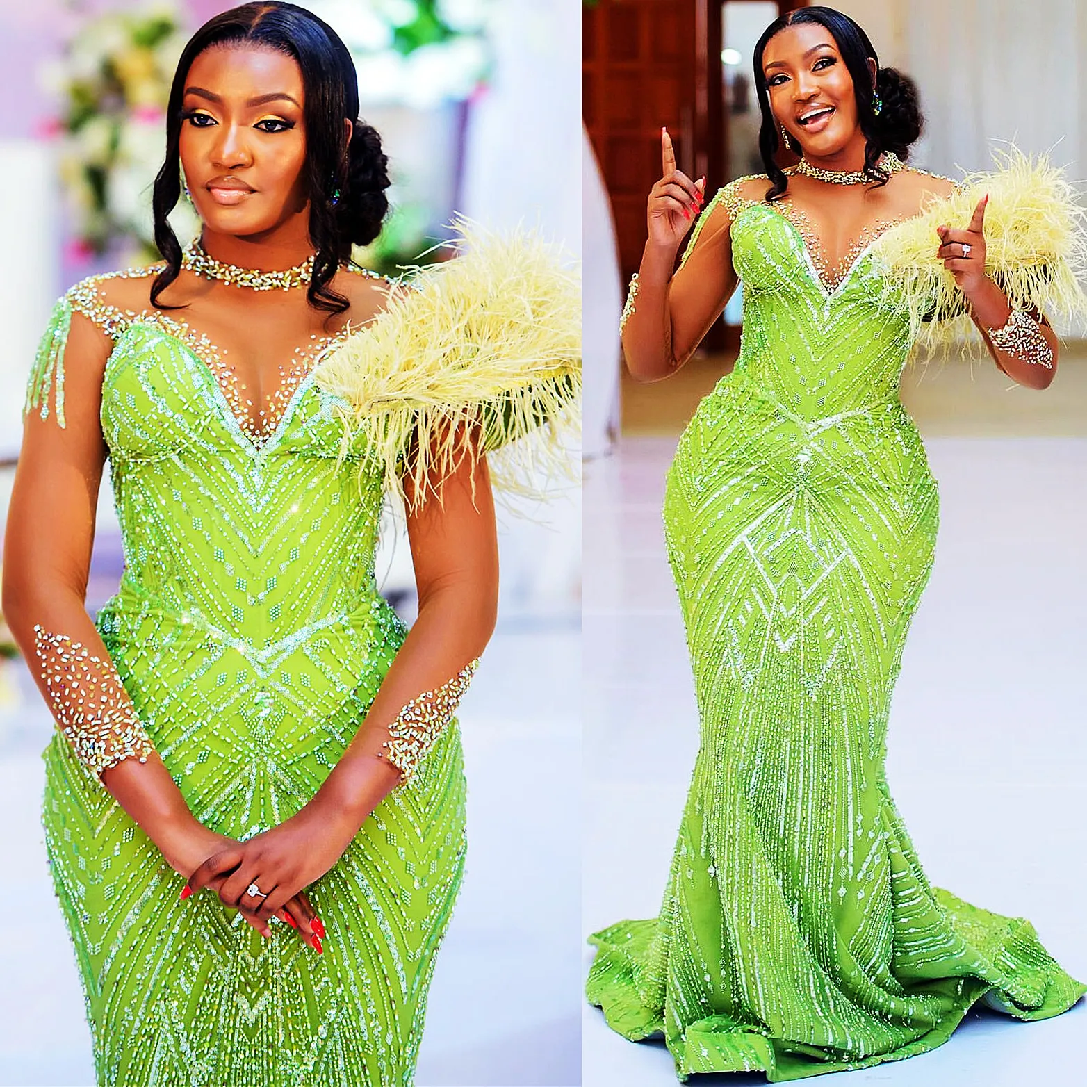 2024 Aso Ebi Green Mermaid Prom Dress Beaded Feather Sexy Evening Formal Party Second Reception Birthday Engagement Gowns Dresses Robe De Soiree ZJ381