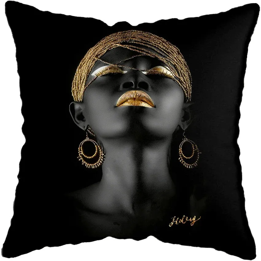 45 45cm salon moderne Black Gold African Lady Woman Style Look Art déco canapé d'oreiller coussin coussin 231221