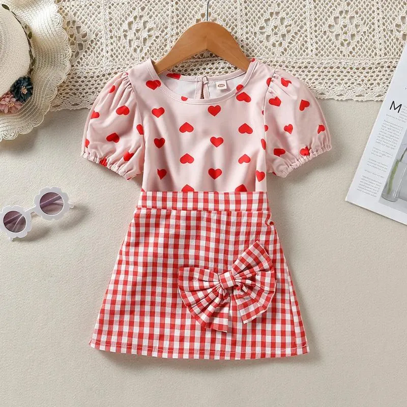 Kleidung Sets Kleinkind Herz Mädchen Casual Outfits 2023 Sommer Kind Druck T Tops Plaid Knoten Röcke Kinder 2Pcs Kleidung anzug