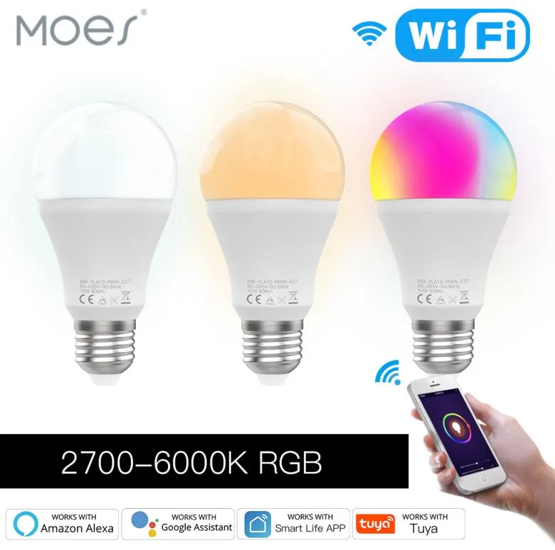 MOES WiFi LED LED LUZ DIMMÁVEL ILUMURINAÇÕES BULB 10W RGB CW Smart Life App Rythm Control Trabalho com Alexa Google Home E27 95265V1716635