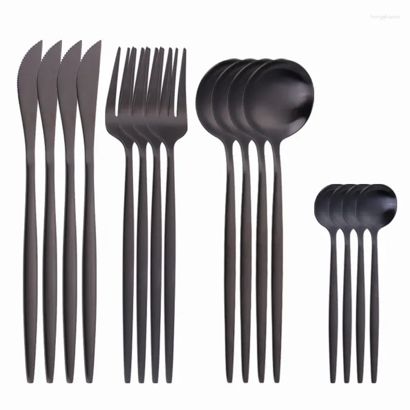 Zestawy zastawy stołowej Zestaw Black Cutlery Strela Strale Złote 16 sztuk Matte widelca Nóż łyżki