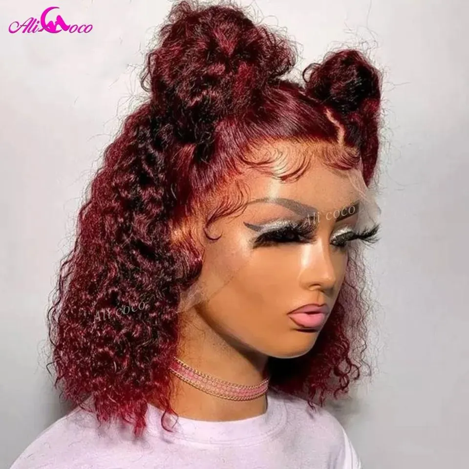 الباروكات 180 كثافة 99J بورجوندي قصيرة مجعد بوب WIG 13x4 الدانتيل المستعار للنساء البرازيلي ريمي بوب الدانتيل الجبهة