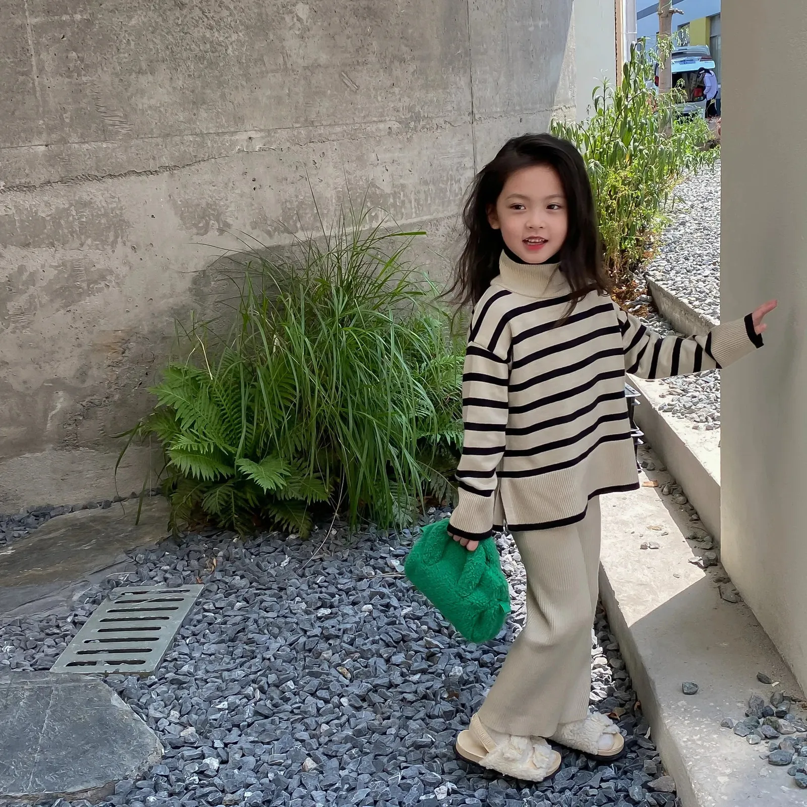 Children Clothing Autumn Winter Korean Style Striped Turtleneck Sweater and Wide Leg Pants Casual Simple Set for Girls 231220