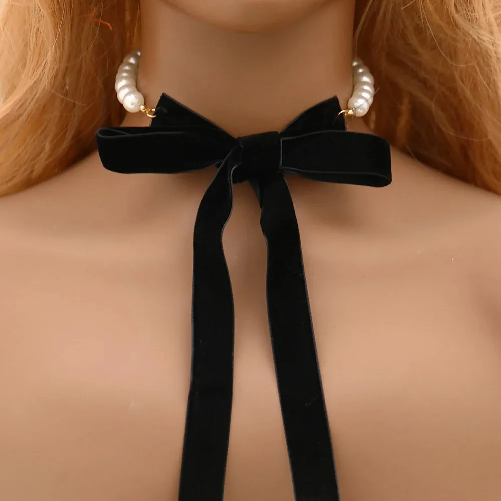 Collier de tour de cou de perle vintage long ruban bowknot cou nouage chaîne de bijoux élégant collier pour femmes filles 231221