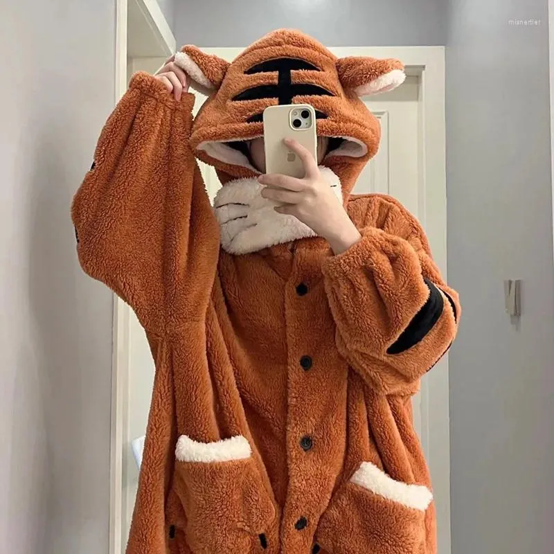 Damen-Nachtwäsche, Tiger-Robe für Damen, Winter-Nachthemd, Nachtkleidung, warmer Fleece-Pyjama, einteiliges Nachthemd mit Kapuze, zum Schlafen, Homewear