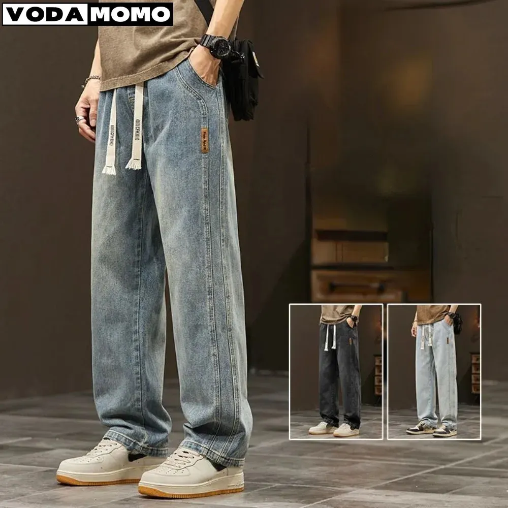 Jeans dritti larghi elastici pantaloni in denim a gamba larga da uomo pantaloni casual stile coreano Abbigliamento sportivo da uomo 231220