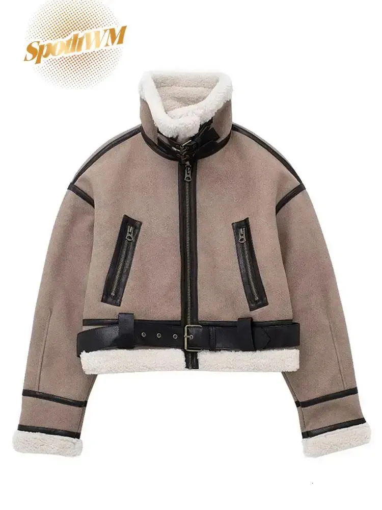 Outono inverno curto jaqueta casual moda coreano fino casacos elegante lã de cordeiro retalhos camurça senhoras femininas 231221