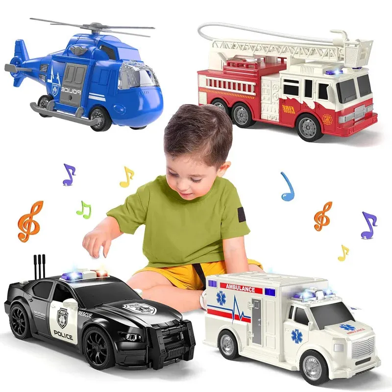 4 förpackningar Emergency Vehicle Toy PlaySets Friction Powered fordon med ljus och ljud inklusive brandbil Ambulans PLA 231221