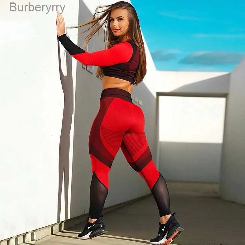 Active Sets Women's Tracksuit Red Seamless Leggings Yoga Set Sport Outfit For Woman Suit For Fitness Gym Clothing Gym Set Top Running PantsL231221