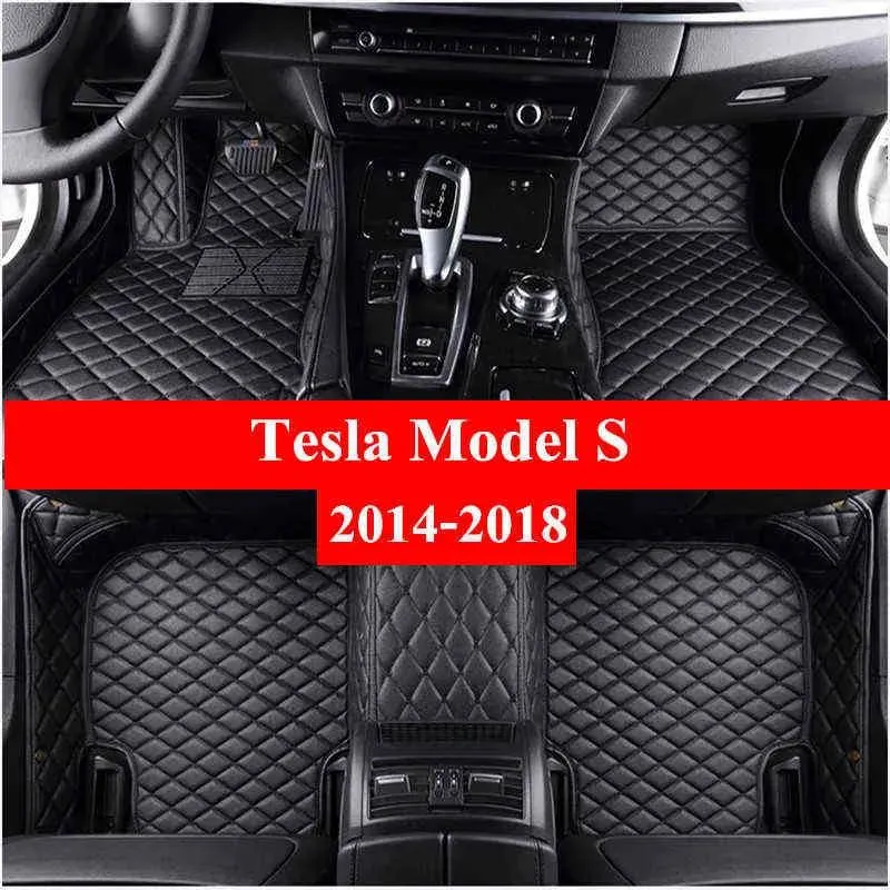 Mattor Bilgolvmattor för Tesla Model S 2014 2015 2016 2017 2018 Flash Mat Leather Custom Foot Pads Automobile mattskydd H220415