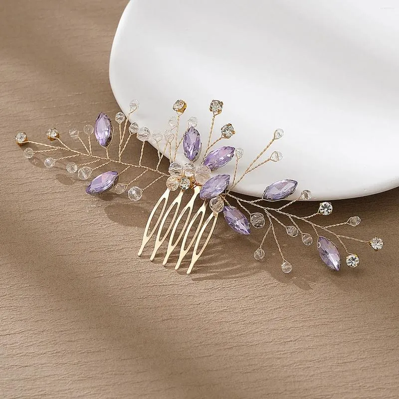 Pinces à cheveux en alliage doré, peignes en strass violets pour mariée, épingles à cheveux, bandeaux pour femmes et filles, bijoux de style de fête