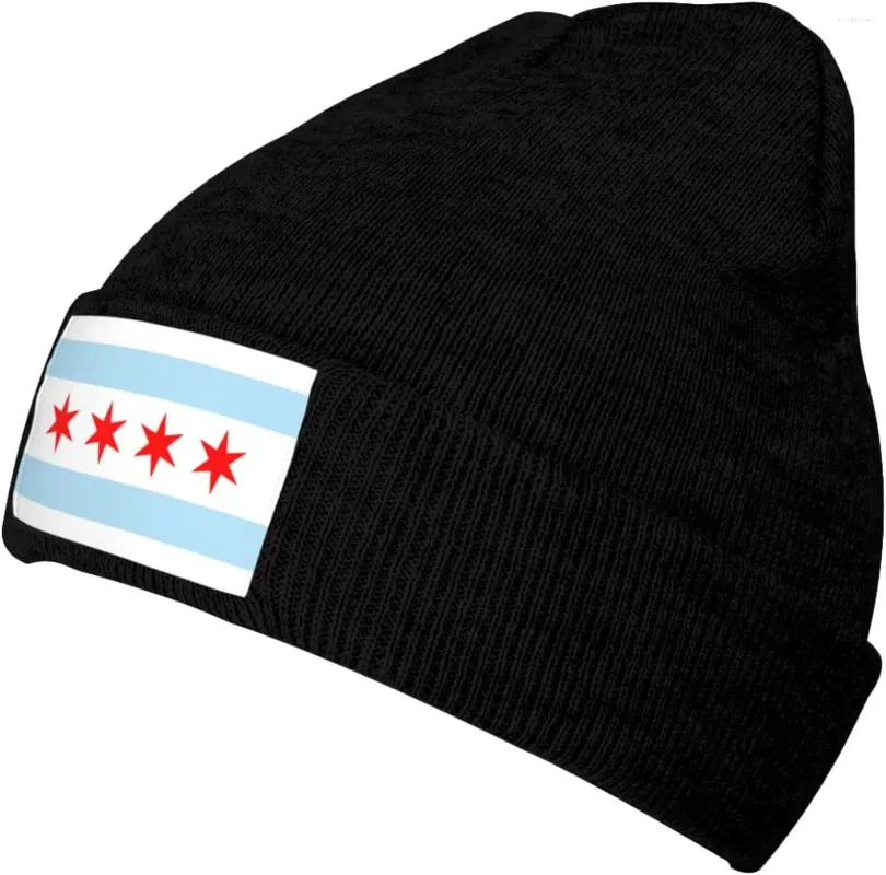 Berets Chicago Flag Strickmütze, Wintermütze für Männer und Frauen, gestrickte Totenkopfmütze mit Bündchen, Acryl, Alltagsmütze