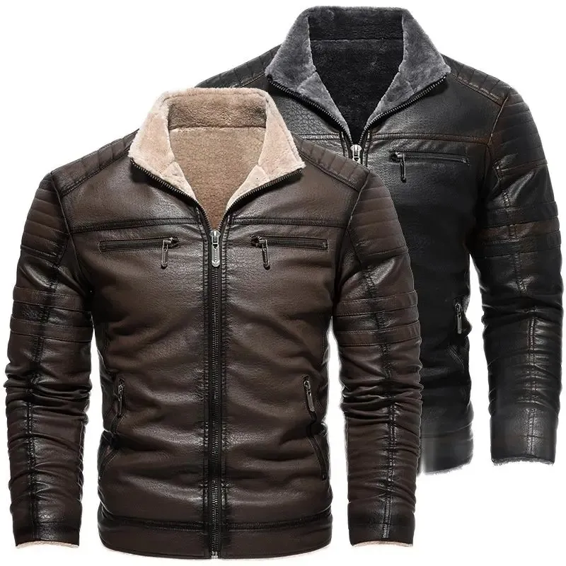 Herren-Kunstlederjacke, hochwertige, lässige Reißverschluss-Fleece-warme Mäntel, Vintage-Motorrad-Lederjacke für Herren S-4Xl 231221