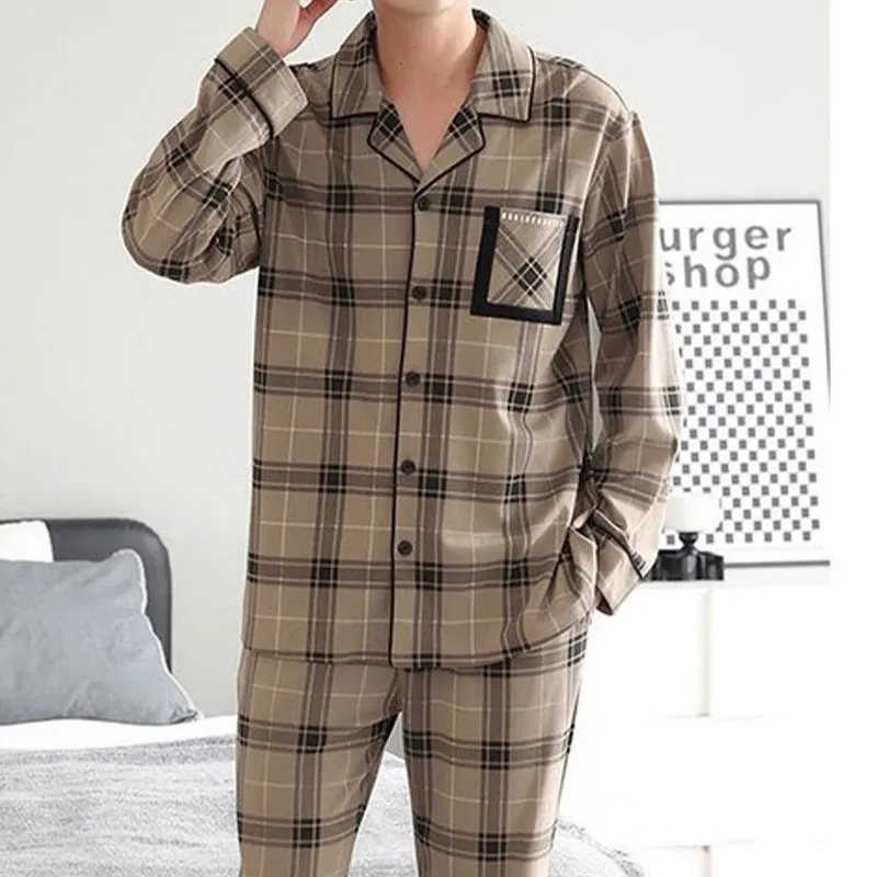 2024 Fashion Autumn Letter Print Pajamas Sets for Men Plaid Pants Pure Cotton Male Sleepwear Home Wear Lounge Nightwear Plu Size 231220