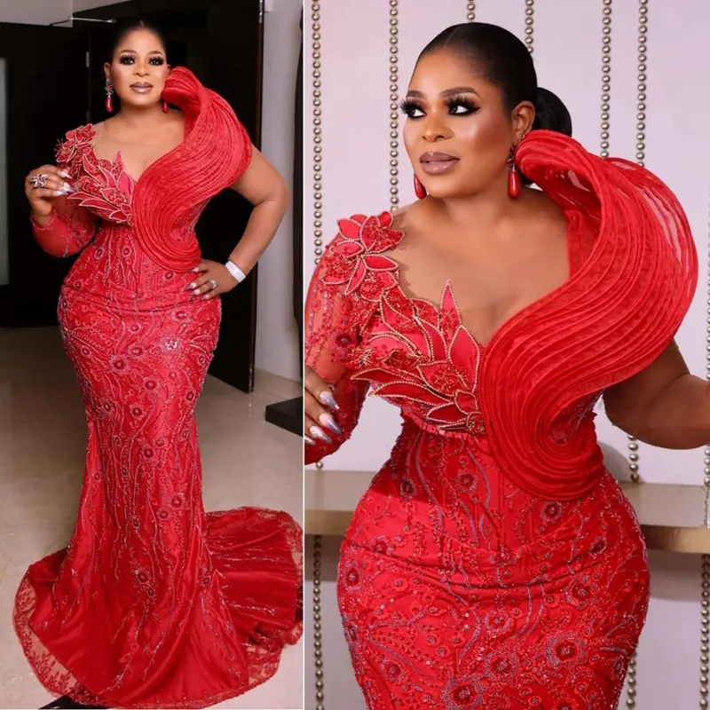 Plus Size Red Mermaid Aso Ebi Prom Dress Lace Beaded Formal Evening Gown for Black Women 2024 Fall Winter Collection Sweep Train Long Sleeve