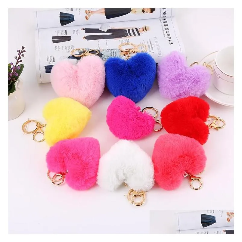 Keychains Lanyards Pom Keychain Pompom Key Chain Heart Ball Keychains Fluffy Faux Rabbit päls Keyring Ring Women