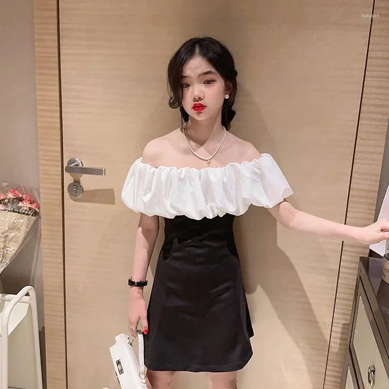 Girl Dresses Child Girls Shoulderless Black White Elegant Sexy Dress For Teens Party Evening Fashion Kids Outfits Summer