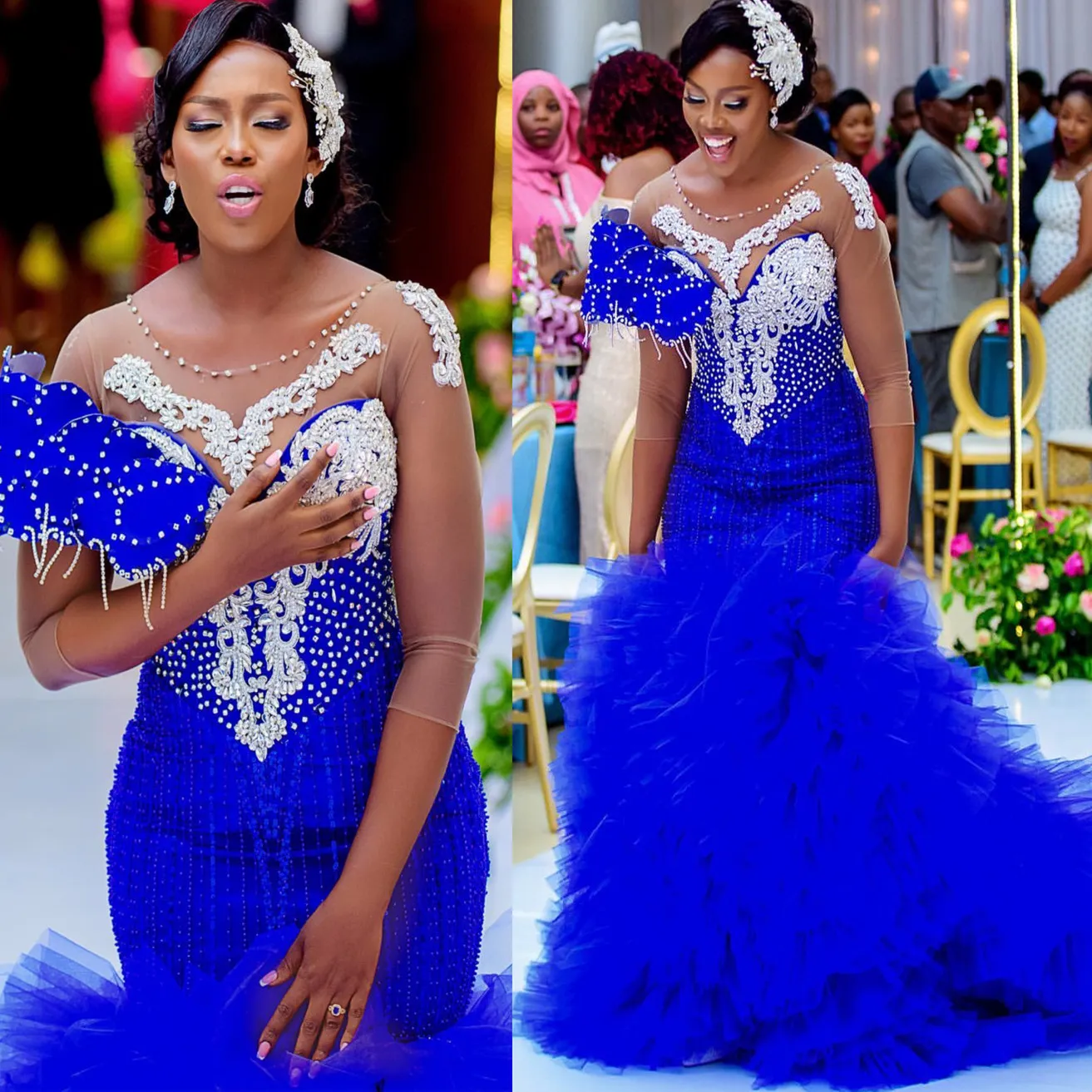 2024 ASO EBI Royal Blue Mermaid Prom del ballo Cristalli di perline Tiers Evening Party Formale Secondo ricevimento di abbigliamento abiti da fidanzamento di compleanno abiti abiti da abiti da soiree ZJ382