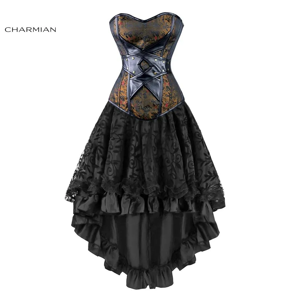 Shaper Charmian Women's Sexy Gothic Victorian Steampunk Corset Dress Leather Overbust Corsets and Bustiers kjol Party midjetränare J190