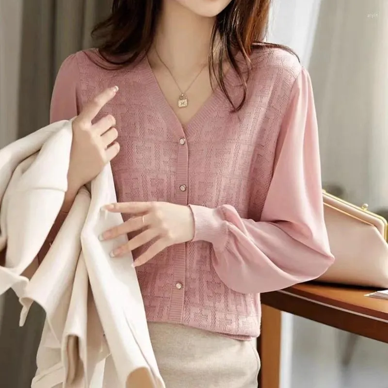 Women's Sweaters Spring And Autumn V-neck Single Breasted Solid Cut Out Screw Thread Long Sleeved Cardigan Sweater Knit Coat Casual Tops