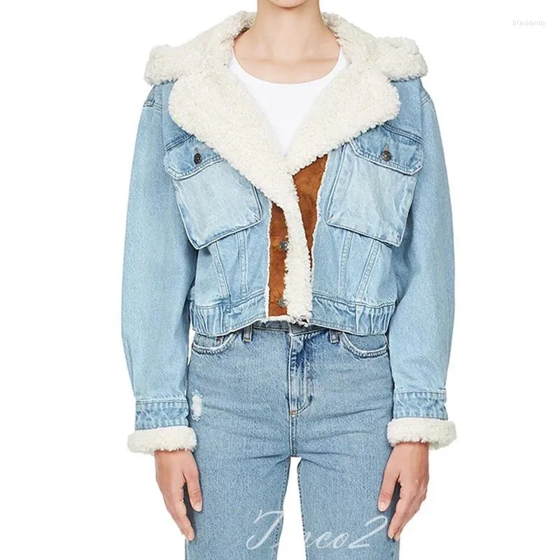 Kvinnors trenchrockar Tesco Blue Denim Lamb Wool Coat 2023 för kvinnor Autumn Winter Patchwork Single Breasted Short Jacket Female Streetwear