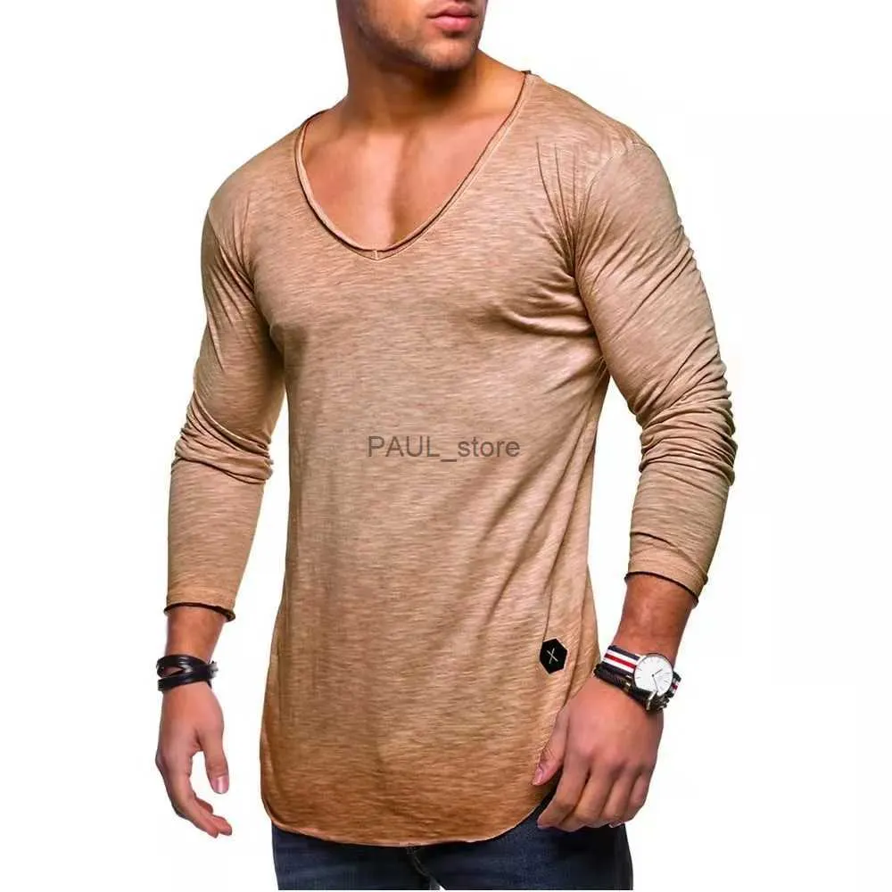 T-shirts pour hommes Nouveau printemps automne hommes T-shirt décontracté à manches longues fitness musculation solide sexy col en v t-shirts vêtements masculins t-shirt mâle teesl2312.21