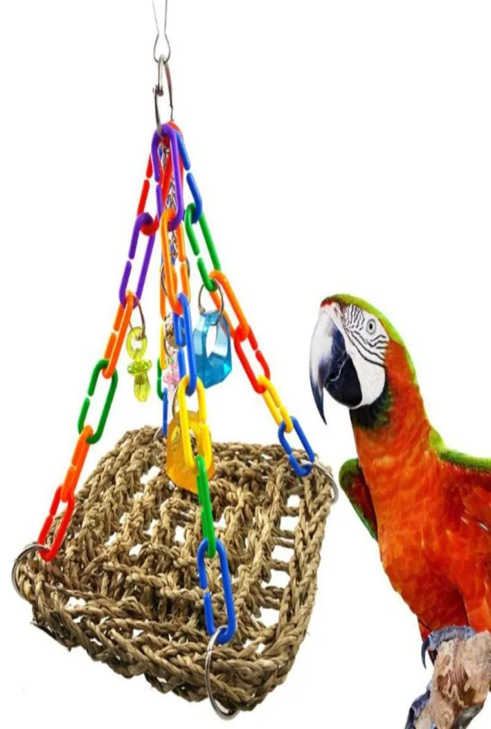 Andra fågelförsörjningar Pet Parakeet tugga klättring Foraging Cage Swing Mesh Hanging Bite Mat Toy Wood Toys Bell Stand Perch5799727