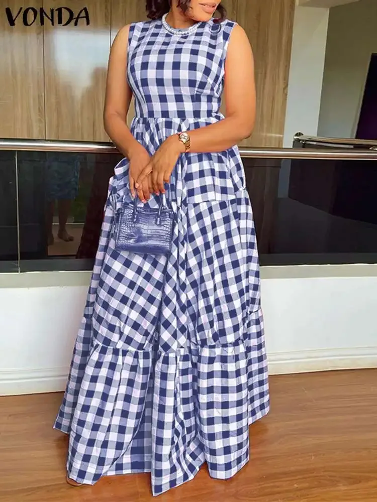 chinese dress ladies Plus Size Maxi Dress Ruffle Sleeveless-Beige White Plaid, 5XL main image 1