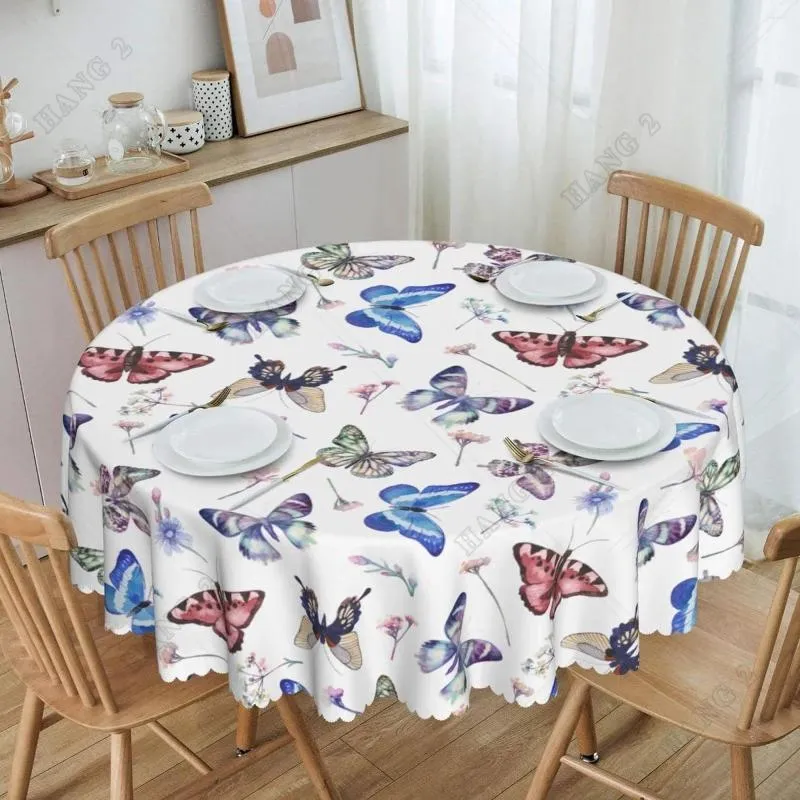 Table Cloth Colorful Blue Floral Butterfly Flower French Round Tablecloth 60 Inch Dining Wipeable Cover For Holiday Picnic Party