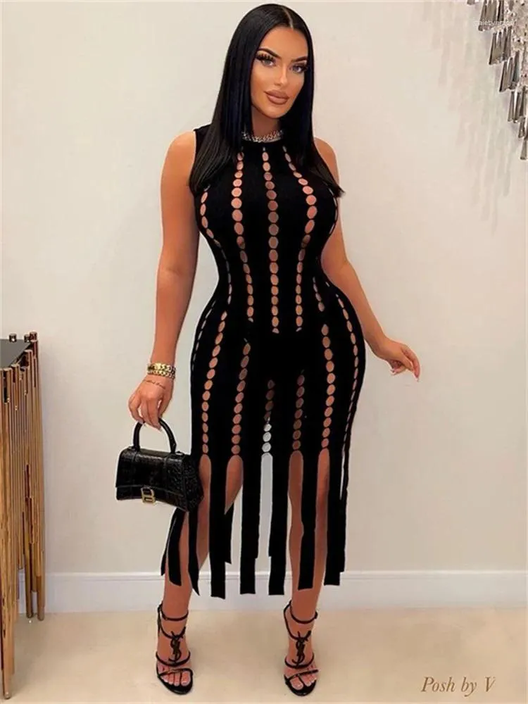 Casual Dresses WJFZQM Sleeveless Hollow Out Fashion Tassels Cut Club Party Evening Sexy Bodycon Women Black Midi Dress 2023 Summer