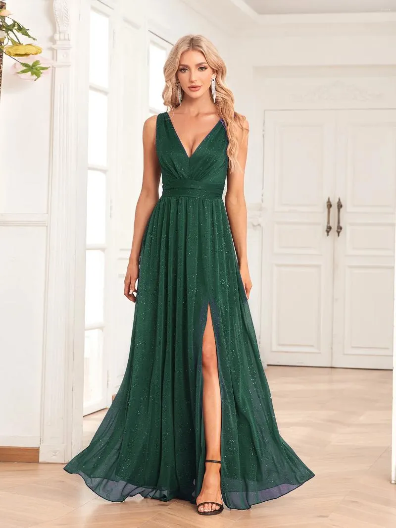 Casual Dresses 2023 Shiny Chiffon Evening Dress V-neck A-line Bridesmaid Party Split Floor Sweeping Long Sexy