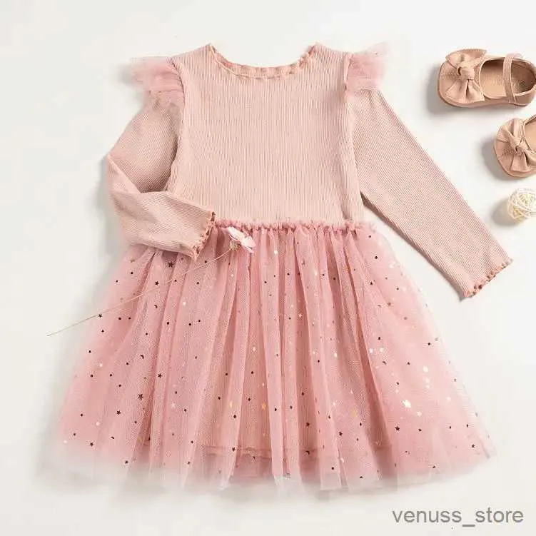 Flickas klänningar söta flickor rosa klänning vårnät prinsessan klänning höst full ärm tutu klänning barn boll klänning