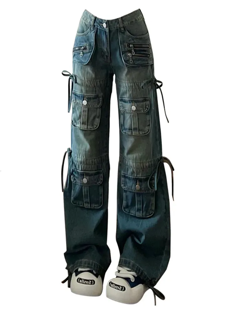 Kadınlar bf tarzı y2k sokak kıyafeti harajuku mavili çok cepli mavi kot kargo pantolonları düşük bel geniş bacak kot pantolon 2000s estetik kpop 231221