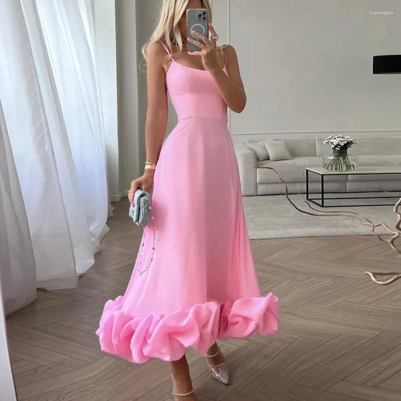 Casual Dresses Cute Flowers Satin Women Summer High Quality Spaghetti Strap -length Prom Gowns Custom Made Taffeta A Line Party Gown