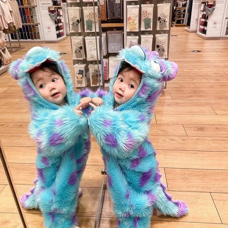 Traje de monstro de Sully fofo para crianças Halloween Kawaii Roupa bebê menino menina de inverno Cosplay Roupos de macacão quente macio azul 231221