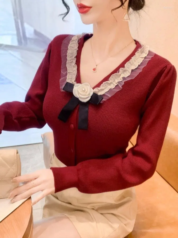 Damestruien Sweet Harajuku Sweater Bow Casual Women Fashion Autumn Winter V-Neck Tops Chic Elegant gebreide vesten